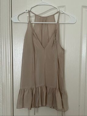 Slip Halter Ruffle-Hem 100% silk top in Taupe